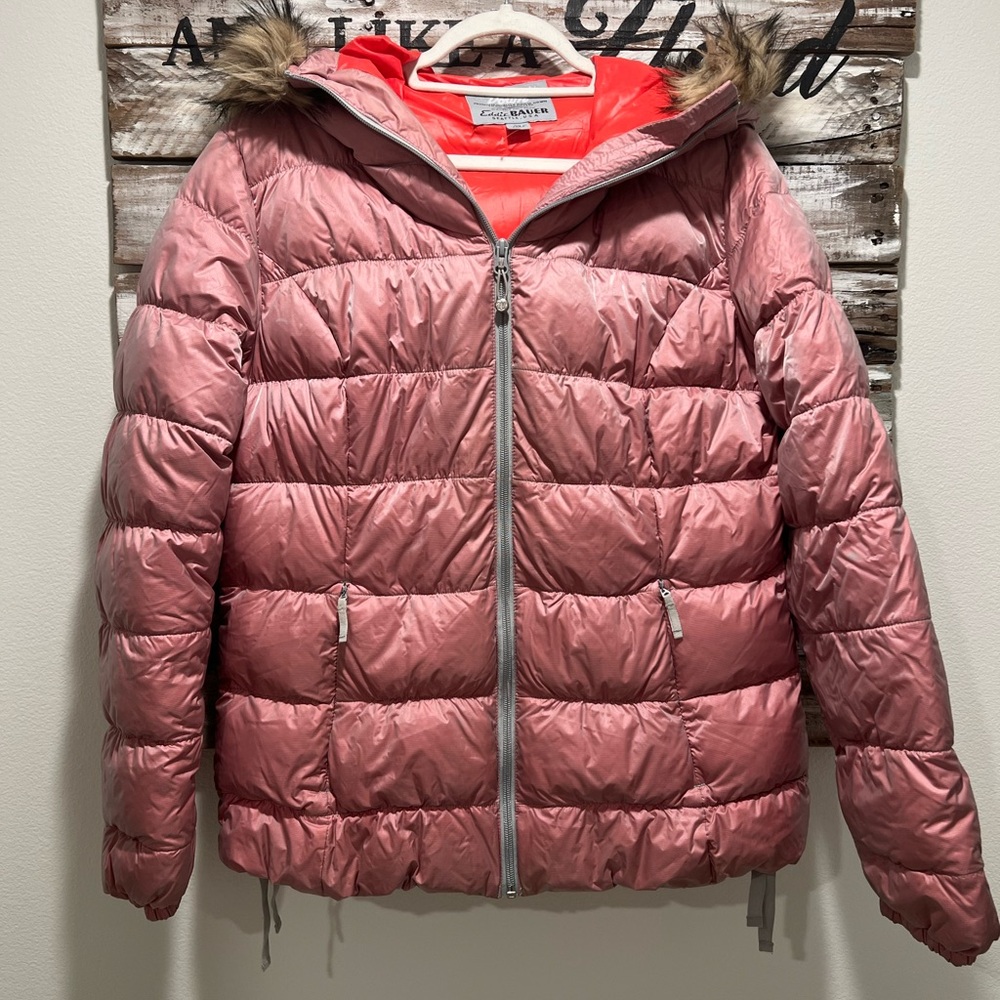 Eddie Bauer Pink Quilted Jacket with Faux Fur Trim